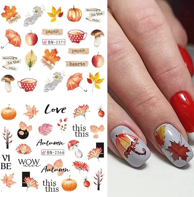 Fall Nail Art Stickers Autumn Nail Water Decals Maple Leaf Pumpkin Small Animals Thanksgiving Nail Stickers Water Transfer Foil Designs Nail Decals for Women Girls DIY Nail Decorations (12 Sheets)