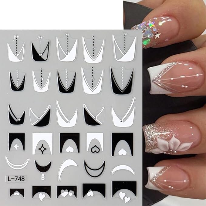 6Pcs French Tip Nail Stickers 3D Self Adhesive Black White French Nail Decals French Butterfly Flower Line Nail Design Stickers Irregular Geometry Pattern Curve Lines Tip Nail Decoration for Women