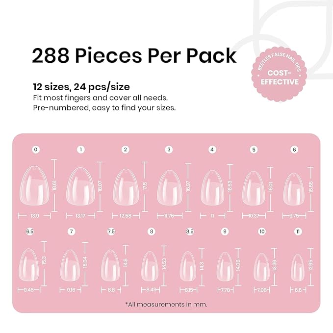 Beetles Extra Short Almond Nail Tips, 12 Sizes 288 PCS Pre-Shaped Clear Full Cover Etch Gel Nail Tips Clear Acrylic Nails Glue on Nails for Girls Women Nail Art Design,Nail Glue Needed