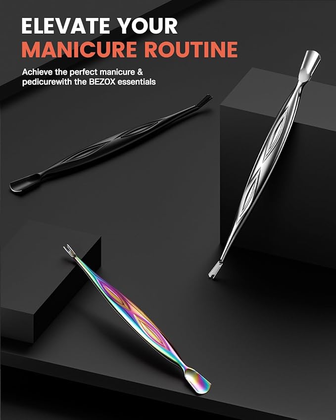 BEZOX Cuticle Trimmer - Elegant Precision Cuticles Pusher & Fork, Dual-Ended Stainless Steel Nail Cuticle Stick for Exquisite Manicures and Pedicures - Black