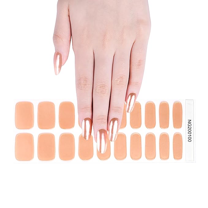WOKOTO 20 Pcs Chrome Peach Pink Semi Cured Gel Nail Strips with Nail File & Wooden Stick Holographic Nail Gel Strips UV Light Gel Nail Stickers Full Nail Wraps Stick On Nails Color Strips for Women