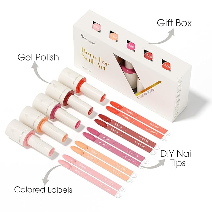 VENALISA 10 ML Pink Gel Nail Polish Set with DIY Nail tips Kit, 5 Pcs Pink Red Orange Gel Polish Color High Gloss Soak Off U V Nail Manicure Salon DIY