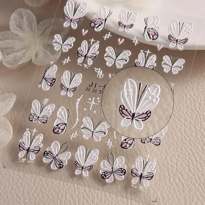 3Pcs Flower Nail Art Stickers Decals 5D Pink Flowers Nail Stickers Spring Relief Blue Butterfly Design Nails Art Decals for Decorations Flower Stickers for Nails Manicure Sliders for Women