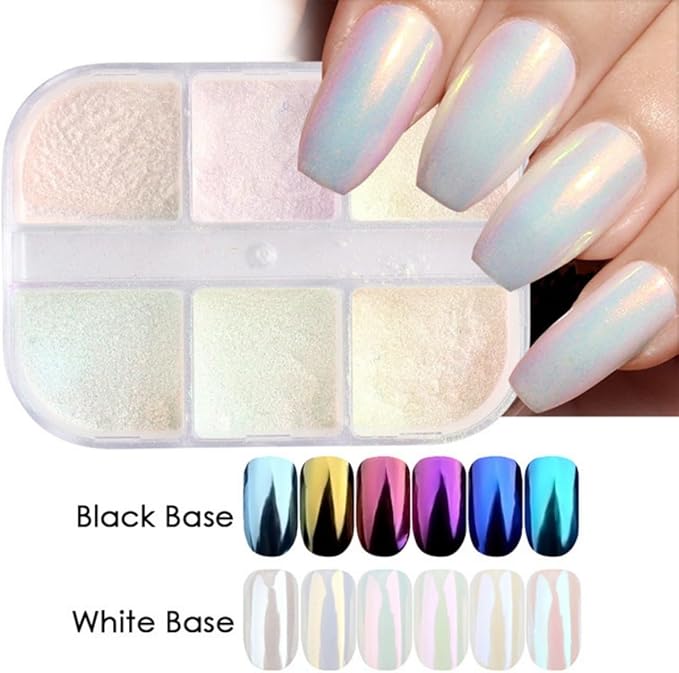 6 Colors White Pearl Chrome Nail Powder Mirror Effect Aurora Magic White Pearlescent Chrome Powder for Gel Nails, Iridescent Nail Powder Glitter for Nail Art Decoration