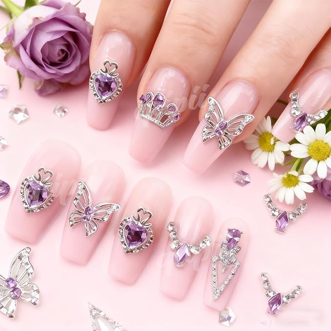 24pcs Purple Luxury Nail Charms Heart Rhinestones Charms 3D Big Crown Butterfly Nail Gems Crystals Diamonds Jewelry Stones Alloy Studs Supplies Decor for Arylic Nails Face Makeup DIY Crafts