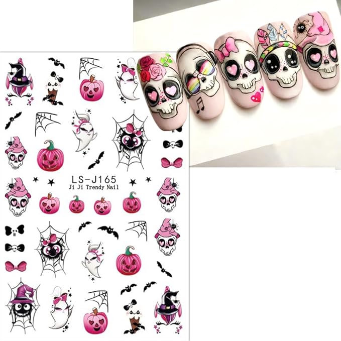Halloween Nail Stickers Ghost Spider Web Nail Art Stickers Bat Cat Skull Flower Nail Decals Self-Adhesive Spooky Gothic Design Sticker Holiday Nail Art Decoration for Women Manicure Accessories 5Pcs