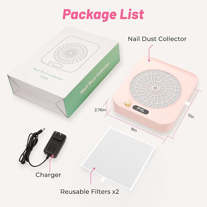 Nail Dust Collector with 2 Cleanable & Reusable Filters,Dust Extractor Compact Vacuum Fan Dust Collector,Suction Machine for Acrylic Home Nails Polishing Nail Salon,Pink