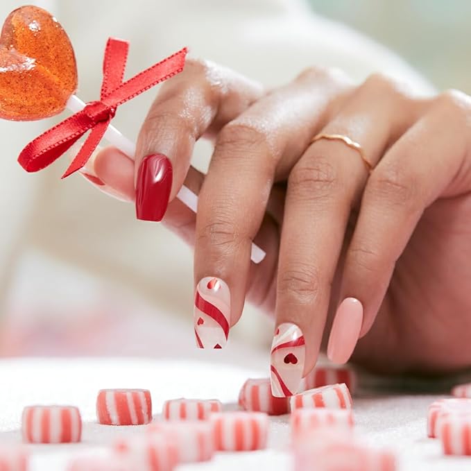 ohora Semi Cured Gel Nail Strips (N Cupid's Trace) - Red, Pattern, Works with Any UV/LED Lamps, Salon-Quality, Long Lasting, Easy to Apply & Remove - Includes 2 Prep Pads, Nail File & Wooden Stick