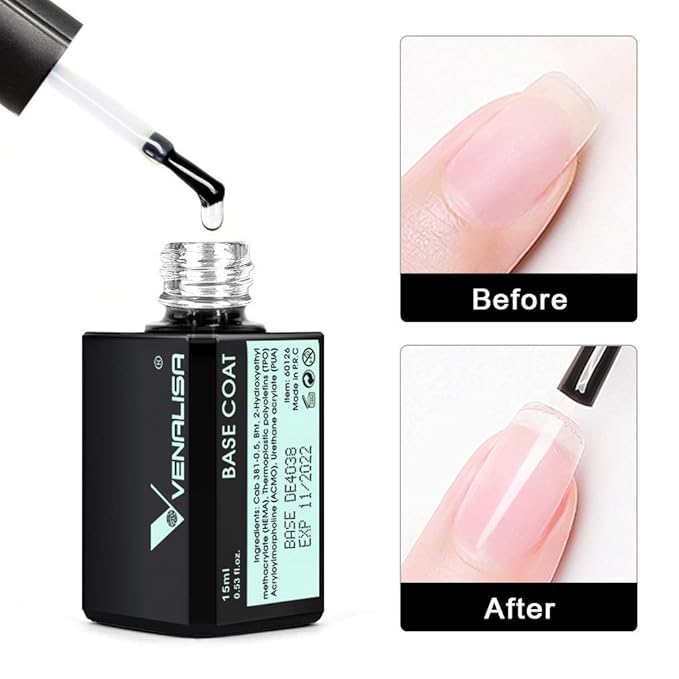VENALISA 2 Pcs 15ml Gel Nail Ploish Base and Top Coat Set, No Wipe High Gloss Long Lasting Tempered Top Coat Polish Soak Off LED Gel Kit