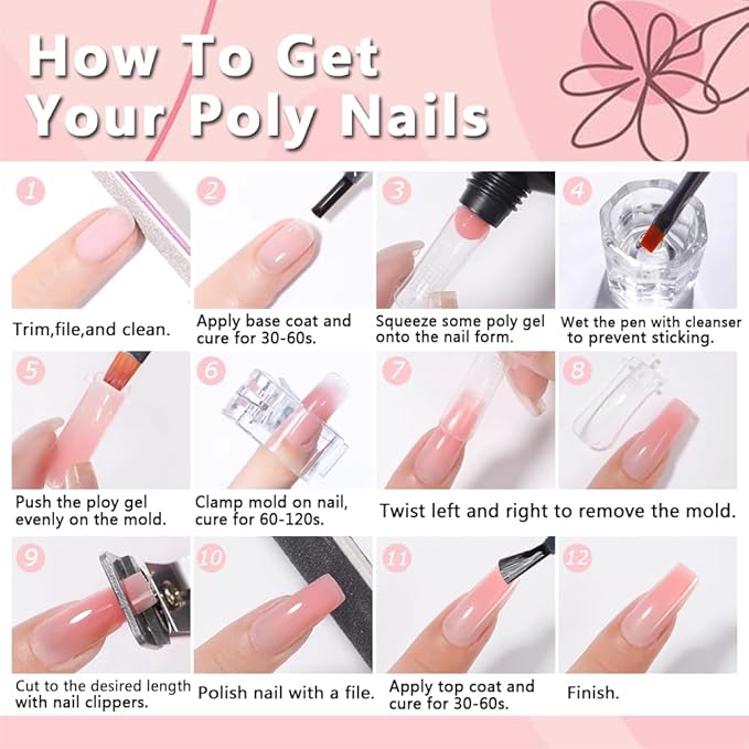 Poly Gel Nail Kit, 3 Colors White Nude Pink with Slip Solution Dual Nail Forms Dual-Ended Brush, Builder Gel Enhancement Starter Kit for Manicure DIY Salon Home Use