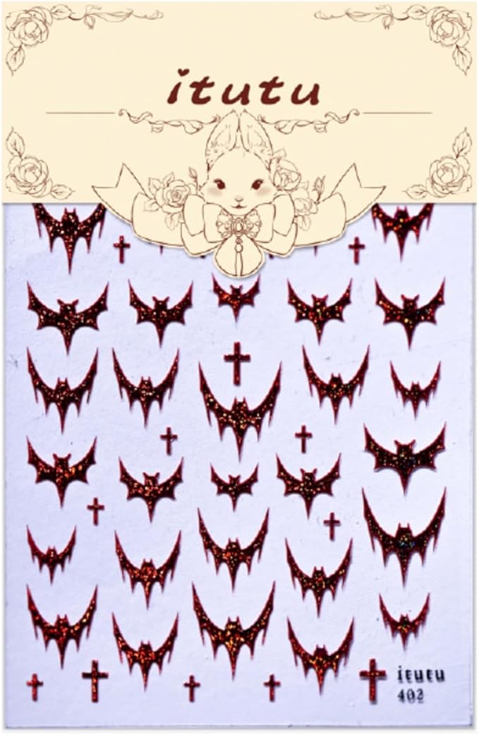 Halloween Nail Stickers Bat Nail Art Decals Red Bronzing Self-adhesive Nail Stickers Shiny Bat Nail Art Supplies French Tip Manicure Decals Cute Halloween Nails Accessories for Women Nails Decorations