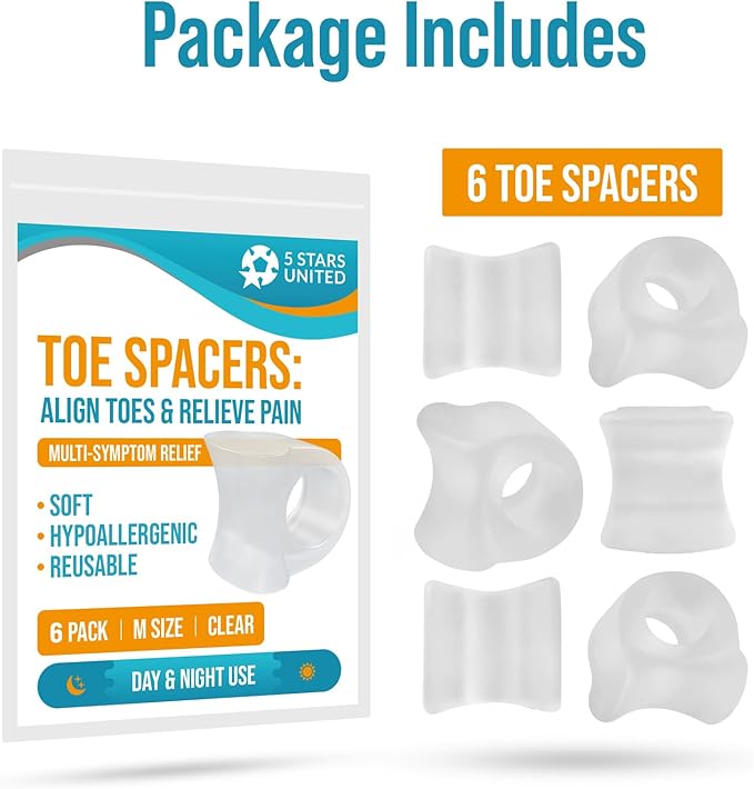 5 STARS UNITED Big Toe Spacers for Men & Women โ 6 Gel Separators for Overlapping & Curled Toes, Bunions, Alignment - Diabetic Foot Care, Silicone Spreader, Corrector & Straightener, Clear
