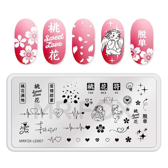 MR.FOX 5 Pcs Nail Print Board Set Valentine's Day Theme Various Hearts Cupid Electrocardiogram Nails Art Stamping Plate