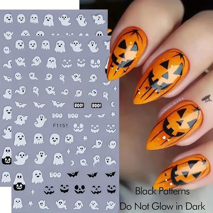 Halloween Nail Art Stickers Decals 3D Cute Luminous Ghost Nail Stickers 6PCS Glow in The Dark Bat Boo Ghost Design Halloween Nails Adhesive Sticker Manicure Nail Art Supplies for Nail Decorations