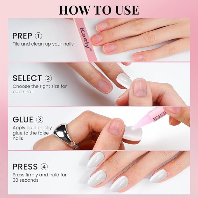 Cat Eye Press on Nails Almond Short, Cat Eye Stick on Nails Press on, Pearl White Nude Pink Glitter Short Almond Press Glue on Nail, Fake Nails Press ons with glue 60Pcs Reusable Acrylic Fake Nail Kit