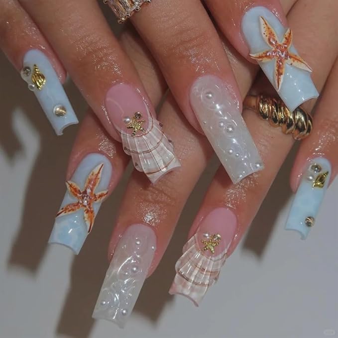 2 Pack 3D Nail Art Charms Set, Summer Beach Theme with Starfish Shell Pearls, Metal Rhinestone Decorations for Acrylic Nails