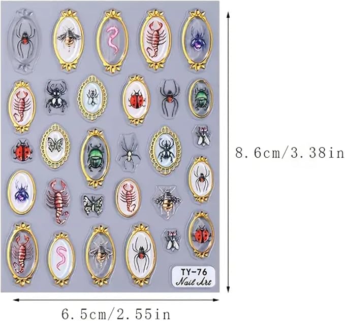 Insect Nail Art Stickers Decals 5D Embossed Nail Art Decals 5D Nail Stickers Amber Spider Ladybug Scorpion Butterfly Insect Nails Designs Cute Halloween Nail Accessories for Acrylic Nails Decorations