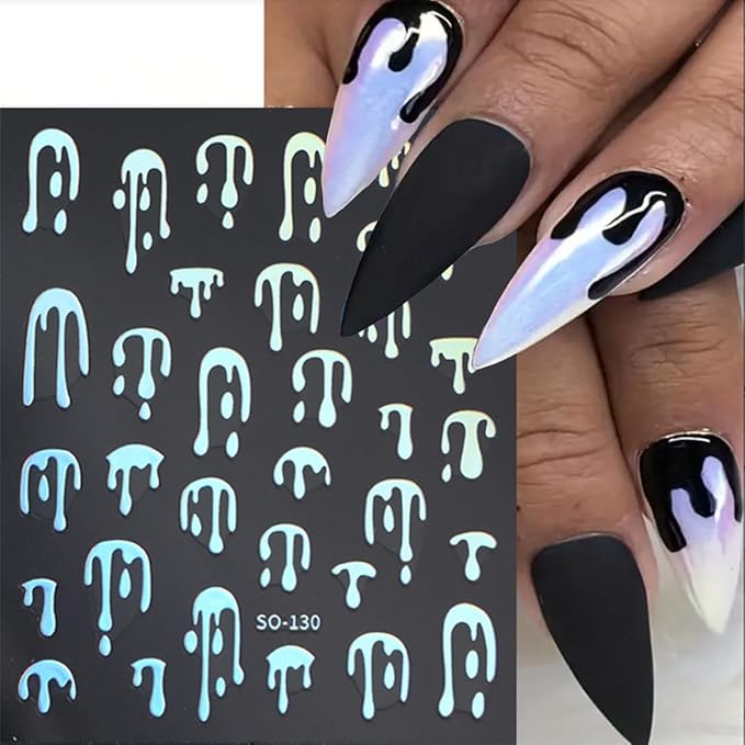 8 Sheets Halloween Nail Stickers Water Drop Blood Nail Decals French Tips Nail Art Stickers Black Gold Laser Design 3D Self Adhesive Sticker for Nail Holiday Manicure DIY Supplies for Women