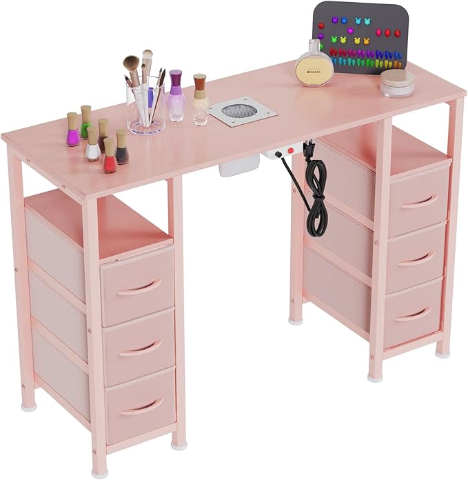 Manicure Table Nail Desk for Nail Tech, Nail Beauty Table w/Electric Dust Collector & 6 Storage Drawers & Open Shelves for Home, Workshop, Makeup Beauty Salon Workstation