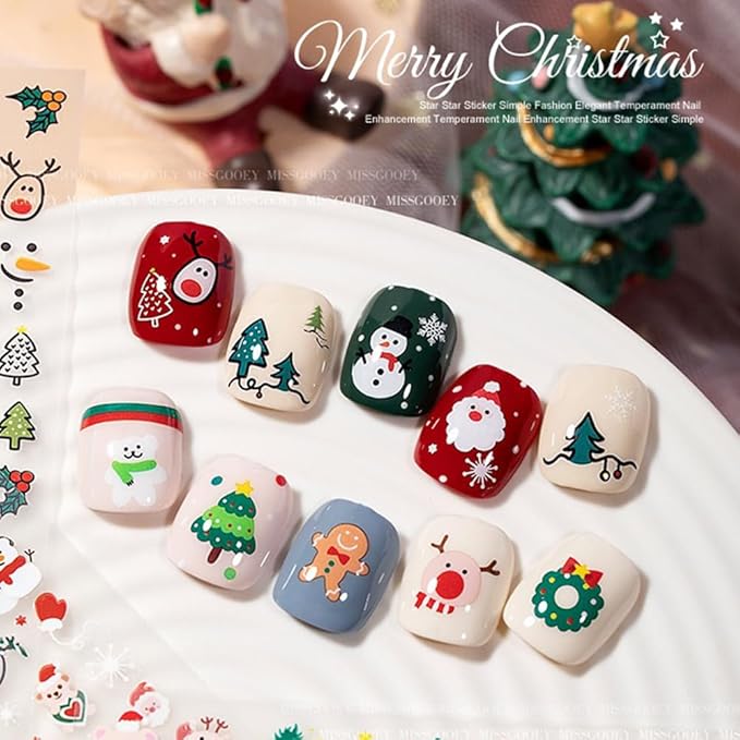 30 Sheets Christmas Nail Art Stickers 3D Self Adhesive Christmas Nail Decals Santa Claus Elk Snowman Christmas Tree Nail Art Supplies Winter Nail Stickers for Women DIY Acrylic Nail Decorations