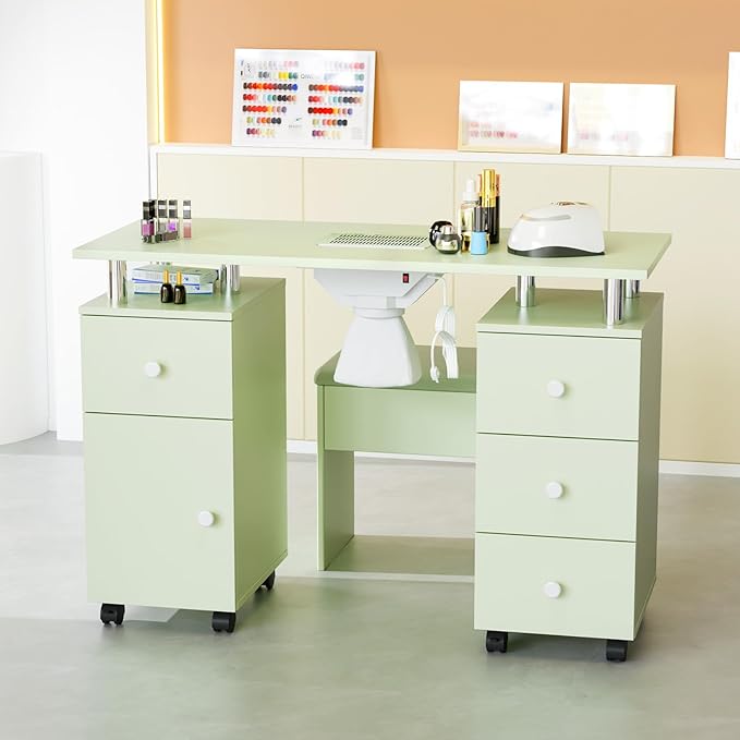 OmySalon Nail Desk and Chair Set, Manicure Table with Dust Collector, Arm Rest, 8 Wheels, Acetone Resistant Desktop, Drawers & Cabinet Storage for Makeup Beauty Salon (Mint Green)