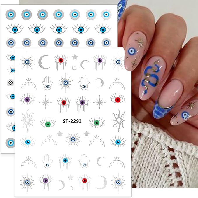 Evil Eye Nail Art Stickers 6Sheets Gothic Snake Star Sun Nail Stickers Gold Silver Blue Eye Nails Design 3D Self Adhesive Nail Art Supplies Halloween Nails Decals for Women DIY Manicure Decoration