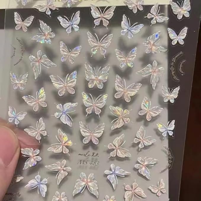 4 Sheets White Nail Art Stickers Decals Bow-tie Butterfly Nail Stickers 3D Self Adhesive with Pearls Nail Decals Supplies Nail Art Design Decoration Accessories for Women and Girls