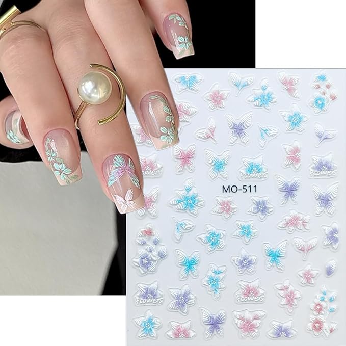 3Sheets Butterfly Nail Art Stickers Purple Pink Butterflies Nail Stickers Colorful Flower Nails Decals Butterfly Sticker 5D Embossed Wildflower Nails Design Decoration Supplies for Women DIY Manicure