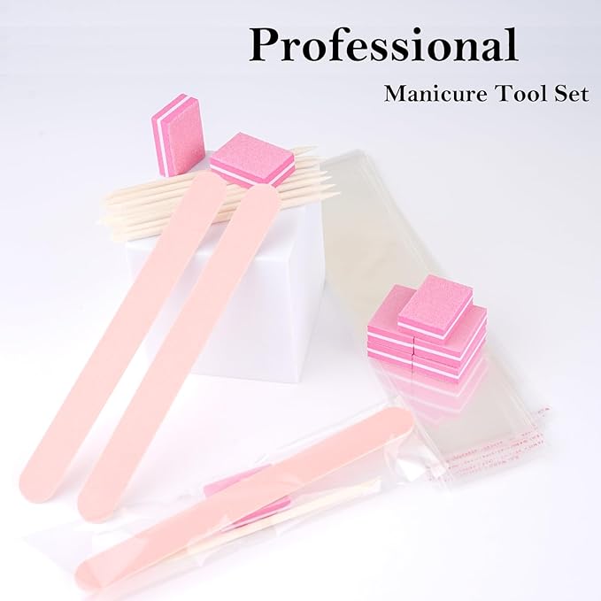 Disposable Manicure Kit - 50pc Set, Includes Mini Nail Buffer, Nail File, Wood Stick, OPP Bag, Press On Nail Tool Kit for Salon & Home (Pink)