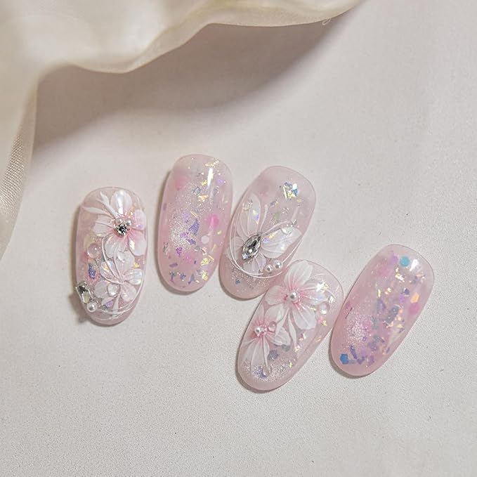 1 Sheet of Pink Flower Nail Stickers, Aurora Gradient Floral Nail Art Stickers, 5D Embossed Self-Adhesive Nail Decals for Women DIY Spring Floral Manicure Decoration Supplies