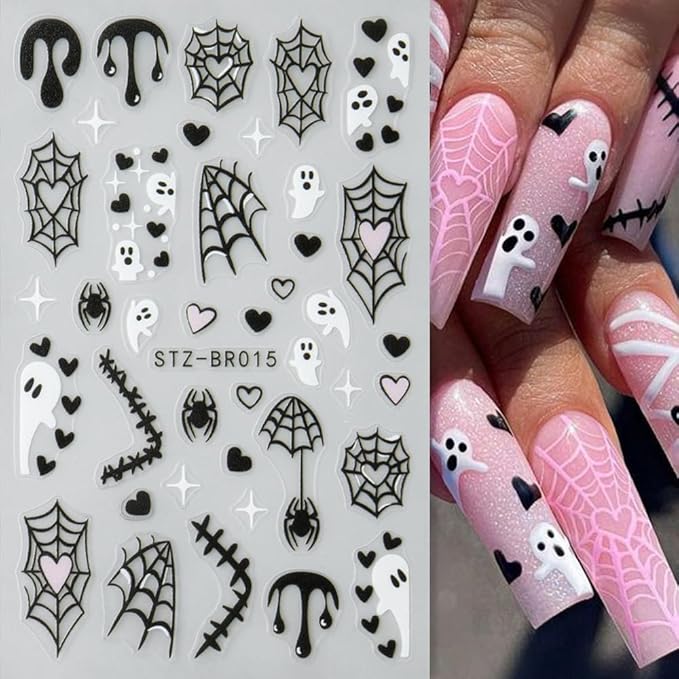 6Pcs Halloween Nail Stickers 3D Spider Web Nail Decals Ghost DIY Self Adhesive Spider Ghost Heart Nail Design Sticker Halloween Nail Decoration Supplies Holiday Manicure Accessories for Women Girls