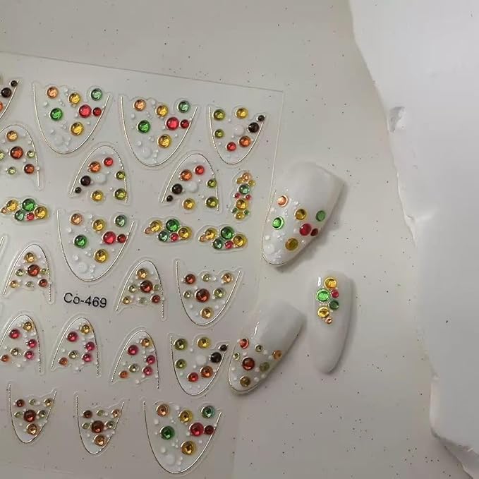 2 Sheets French Tip Nail Stickers for Nail Art Red Gems Design Nails Decals 5D Self Adhesive Colorful Rhinestone French Nails Art Stickers for Women Luxury Manicure Decoration Accessories