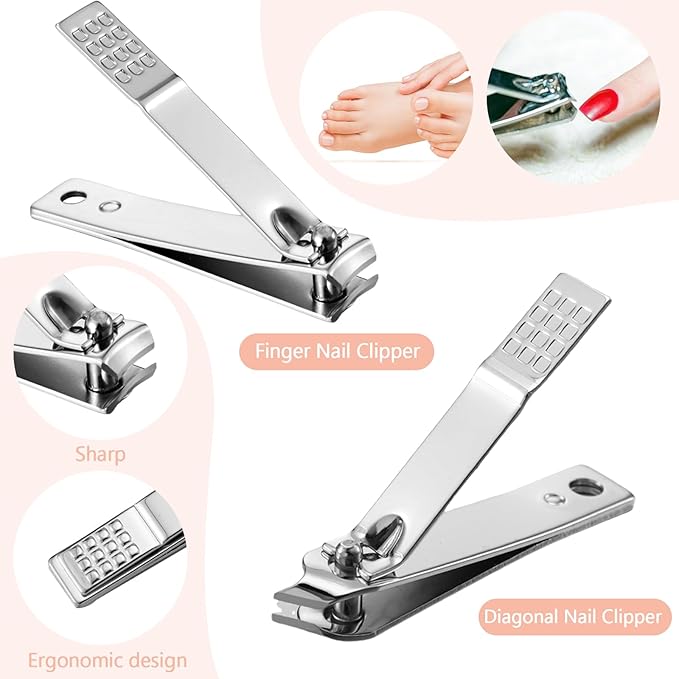 Lasnten 100 Bulk Nail Clipper Set Bulk Manicure Kit Stainless Steel Pedicure Professional Nail Care Kit with Travel Case Portable Grooming for Husband Men Women Family(Pink,4 in 1)