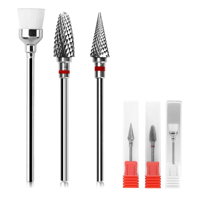 3 Pack Professional Carbide Nail Drill Bits Set with Cleaning Brush, 3/32" 5 in 1 Tungsten Safety Cuticle Bits for Manicure Pedicure Gel Polish Removal (Fine Teeth, Round & Pointed Head)