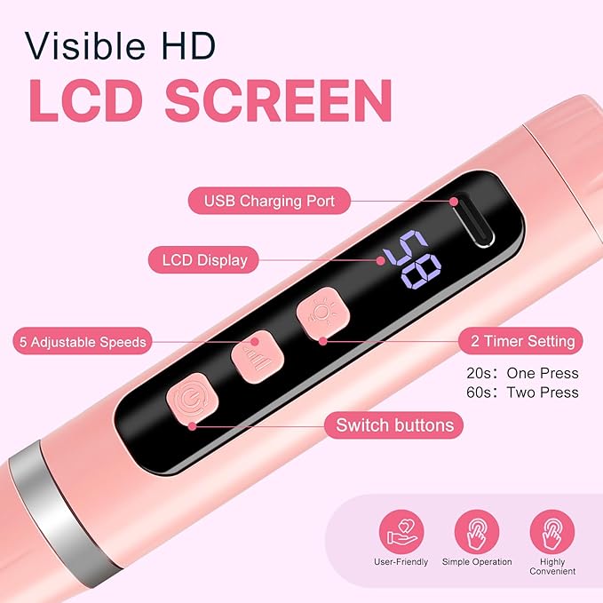 Cordless Electric Nail Drill Kit with Built-in UV Lamp, 2-in-1 Multi-Function Efile with Adjustable Speed & LCD Display, Quiet Portable for Acrylic/Gel Rechargeable Nail File Manicure Pedicure(Pink)