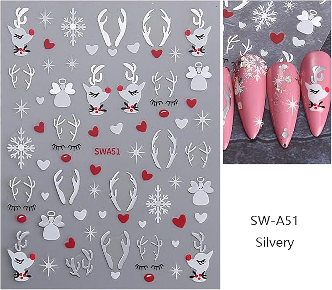 4 Sheets Christmas Nail Art Stickers White Elk Nail Decals with Xmas Snowflake Gold Silver Antlers Design 3D Self-Adhesive Nail Stickers Acrylic Nail Supplies for Women DIY Christmas Decorations