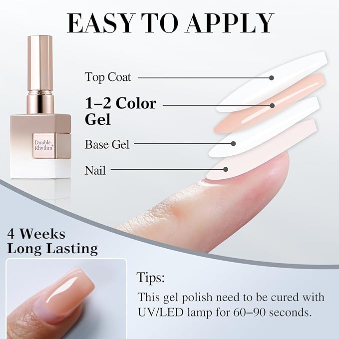 Double Rhythm Gel Polish 15ML Jelly Sheer Pastel Light Milky Color Pearl White Bottle 1 PC 0.5 OZ Full Size Nail Art Salon at Home (Nude-D1358)