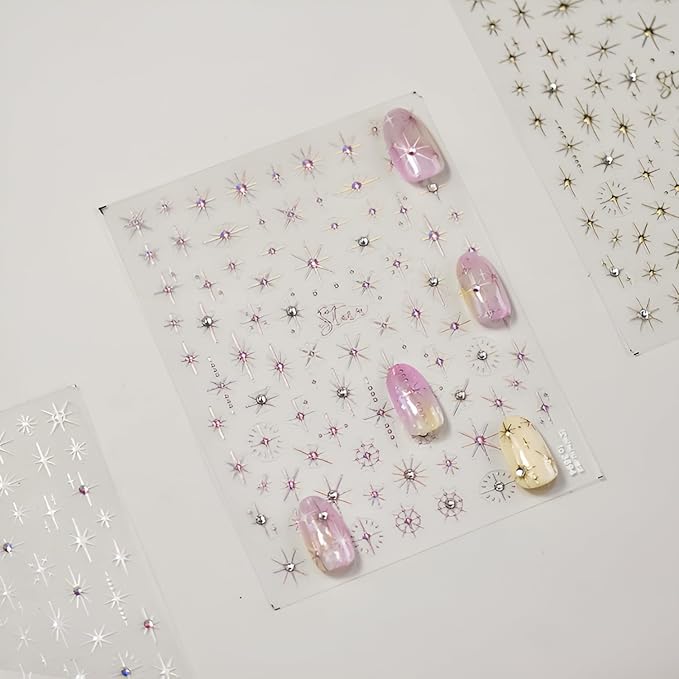 3 Sheets 5D Embossed Star Nail Stickers - Pink Gold White Glitter Shiny Design for DIY Manicure Decoration - Nail Art Supplies for Women