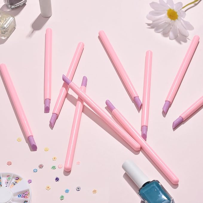 10Pcs Stoe Sanding Nail File Tools Nail File Cuticle Removal Buffer Washable Pedicure Manicure Pen Cuticle Pusher Stick for Nail Care, Pink