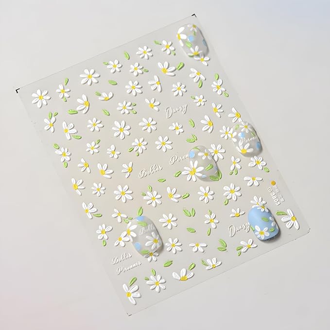 Flower Nail Art Stickers 5D Embossed Self Adhesive Spring Summer Nail Stickers for Nail Art Cute White Daisy Nail Decals Flower Nail Design Decoration Accessories for Women and Girls