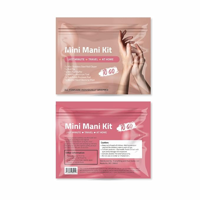 Mini Mani Kit – Disposable Manicure Set with Nail Clipper, File, Buffer, Cuticle Stick & Polish Remover Pad – Compact One-Time Use Nail Care Kit for Travel, Purse, Desk, or Car (Black Purse)