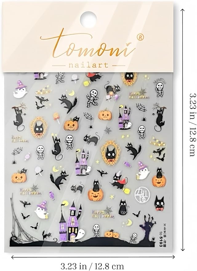 Halloween Nail Stickers 5D Embossed - Self-Adhesive Nail Art with Cute Ghosts, Pumpkins, Cats, Haunted Houses. Easy to Apply, Long Lasting, Perfect for DIY Manicure, Trick or Treat, Home or Salon