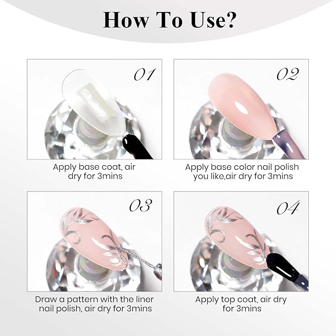 Nail Polish Liner Silver, Air Quick Dry, Chrome Metallic Nail Lacquer Non Gel liner Nail Art, Glitter Build in Thin Brush for Nail Design Polish Nail Decoration Dotting Painting, 12ML