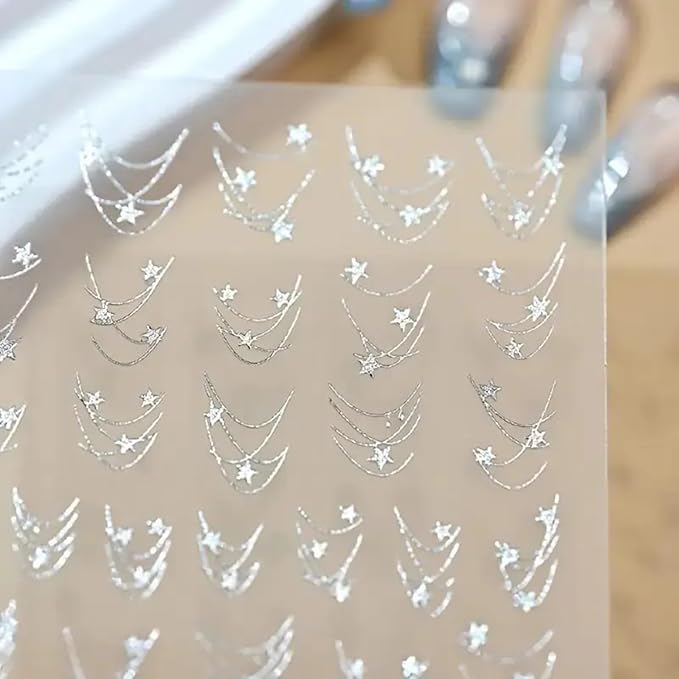 Star Chain Nail Art Stickers Decals Aurora French Star Chains Nail Stickers 1PCS Hot Stamping Silvery Stars Stripe Elegant Self-Adhesive Design Manicure Sliders Accessories for Women Nail Decorations