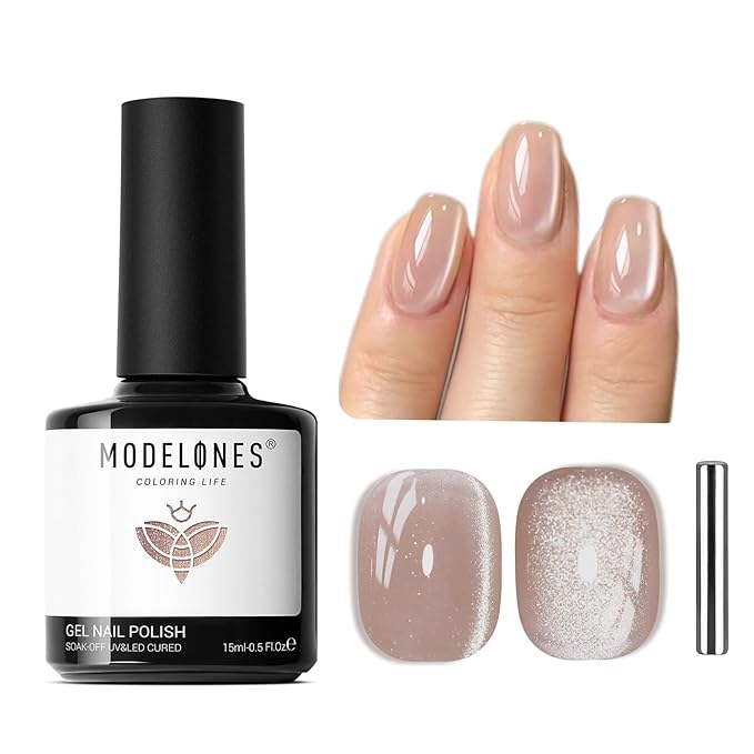 modelones Cat Eye Gel Nail Polish, 15 ML Pearl Nude Glitter Glass Gel Polish with Magnet Soak Off Led Shimmer Shell Thread Brown Nail Polish Top Coat for Women Girl DIY Nail Art Gift