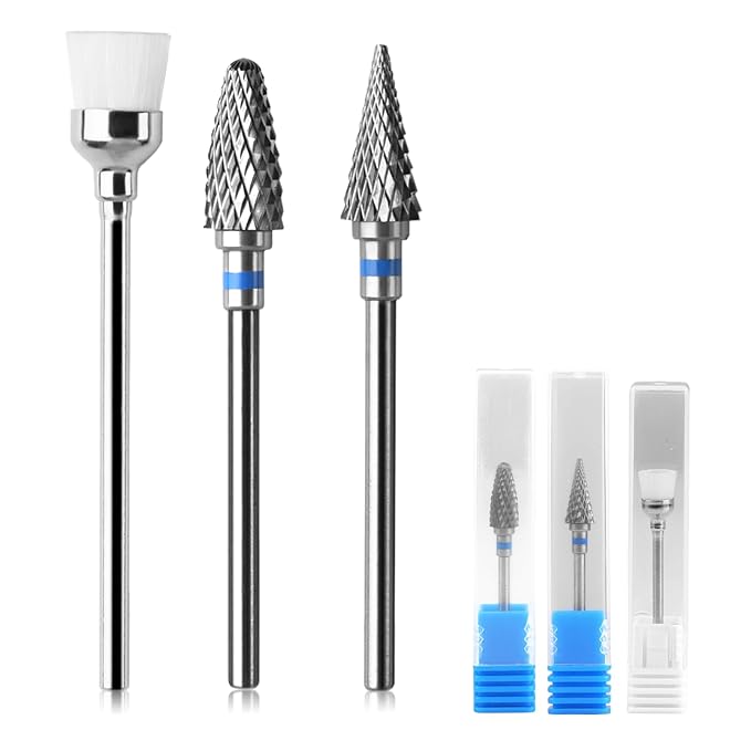 3 Pack Professional Carbide Nail Drill Bits Set with Cleaning Brush, 3/32" 5 in 1 Tungsten Safety Cuticle Bits for Manicure Pedicure Gel Polish Removal (Medium Teeth, Round & Pointed Head)