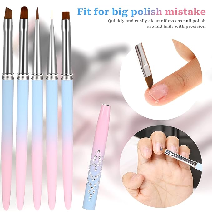 5Pcs Nail Polish Clean Up Brush Set, Manicure Nail Art Polish Remover Brush with Nail Liner Brush Professional Nail Detail Brush Nail Painting Tool for Nail Art Design & Polish Mistake Cleaning