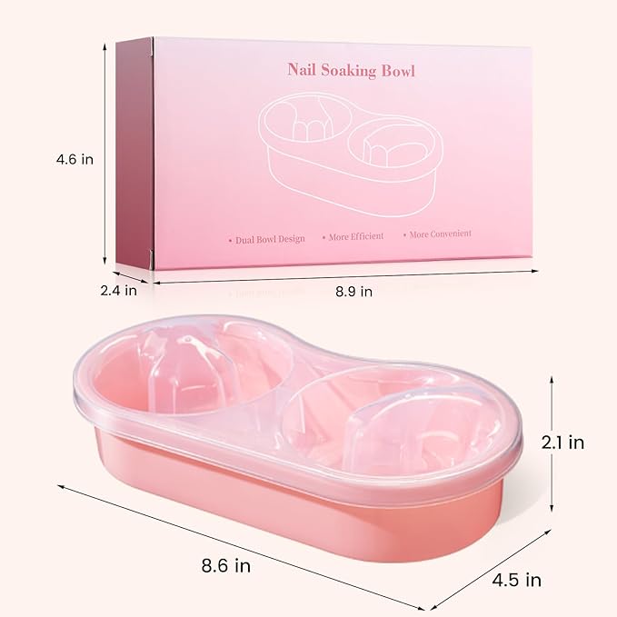 Dual Nail Soaking Bowl, Soak Off Gel Polish Remover Bowl for Home Users, Time Saver Manicure Bowl for Dip Powder/Gel/Acrylic Removal at Home & Salon, Pink