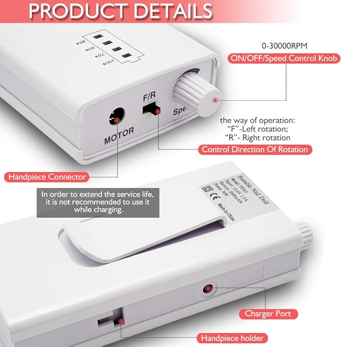 Nail Drill Machine, AZ GOGO 30000RPM Professional Rechargeable Portable Electric Efile Nail Drill for Acrylic Gel Nails, Manicure/Pedicure, Polishing, Cuticle - Salon or Home Use(White)