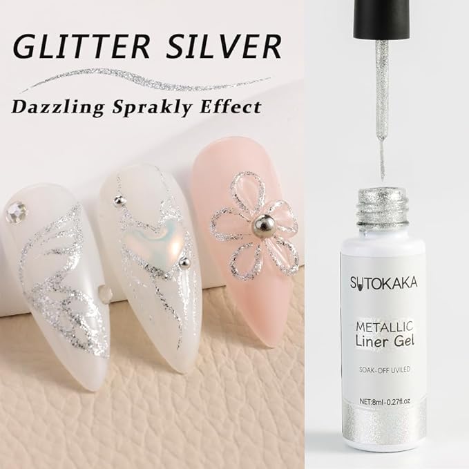 Nail Art Liner Gel Polish Set, 4pcs Metallic Silver Bronze Gold Glitter Reflective Colors Painted Drawing Stripper Gel Nail Polish Soak off Curing Requires with Thin Nail Art Brush